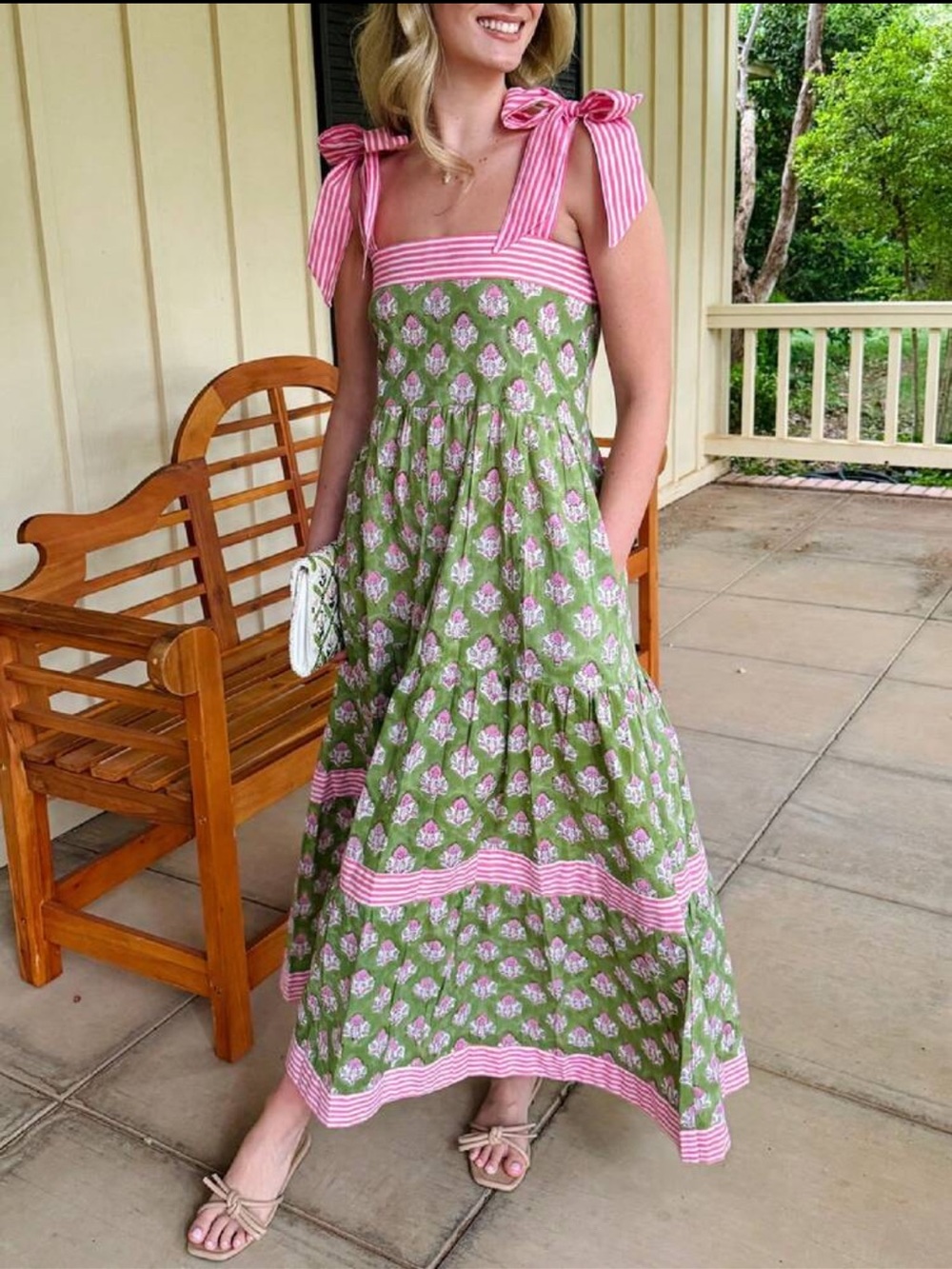 Pink & Green Tie-Shoulder Floral Maxi Dress - Picture 3 of 4
